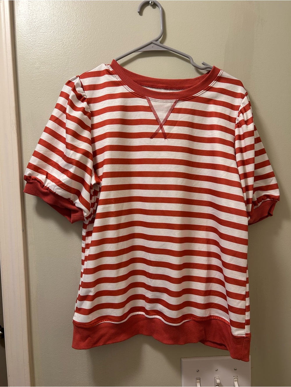 Orangey red and White Striped Short Sleeve Pullover